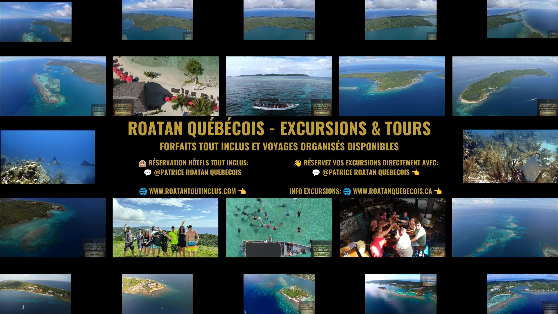 Mosaïque de photos de Roatán prises au drone et de groupes de voyageurs, couverture du groupe Facebook Roatan Québécois